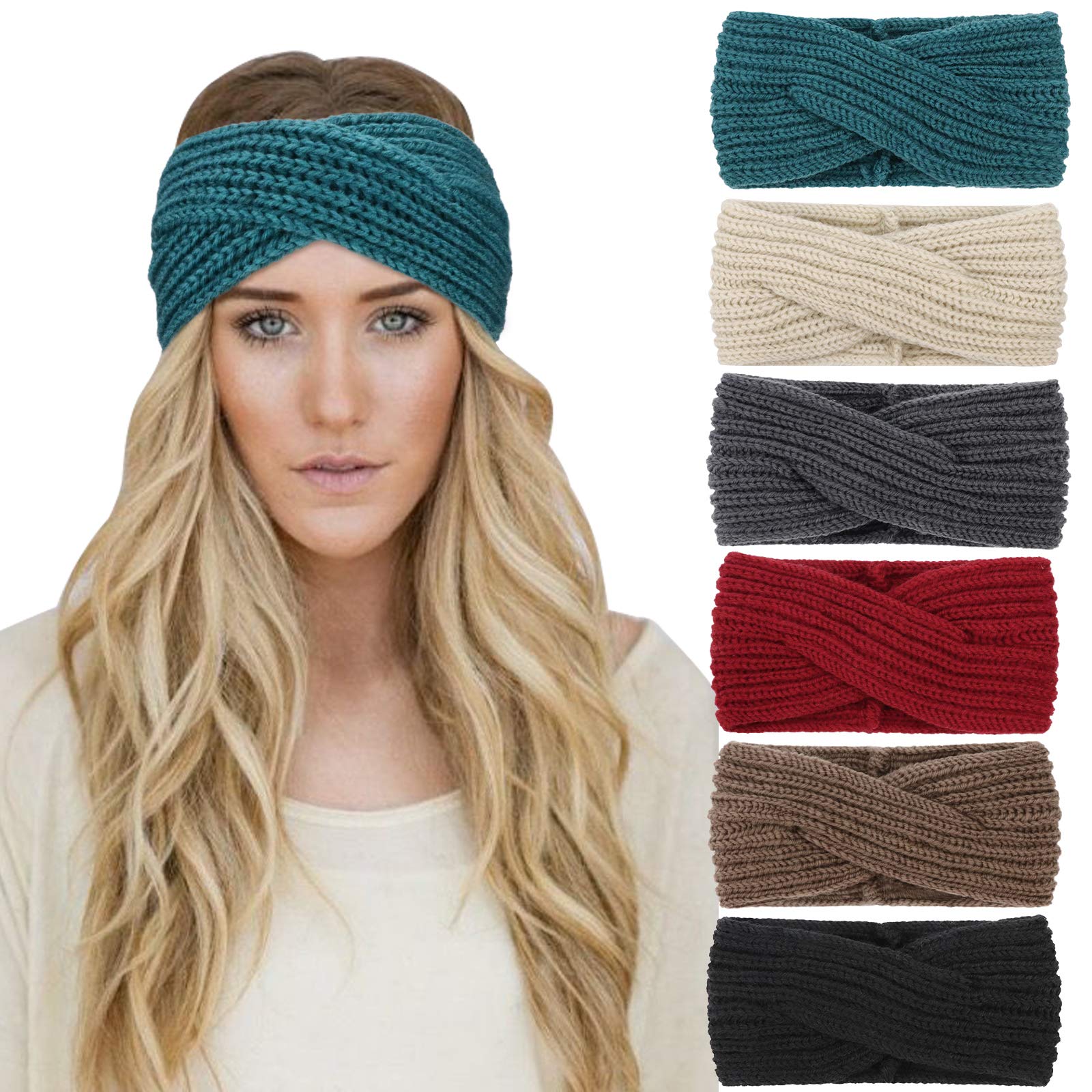 DRESHOW 6 Pieces Women Warm Knitted Headband Winter Ear Warmer Crochet Head Wraps Thick Cable Headband