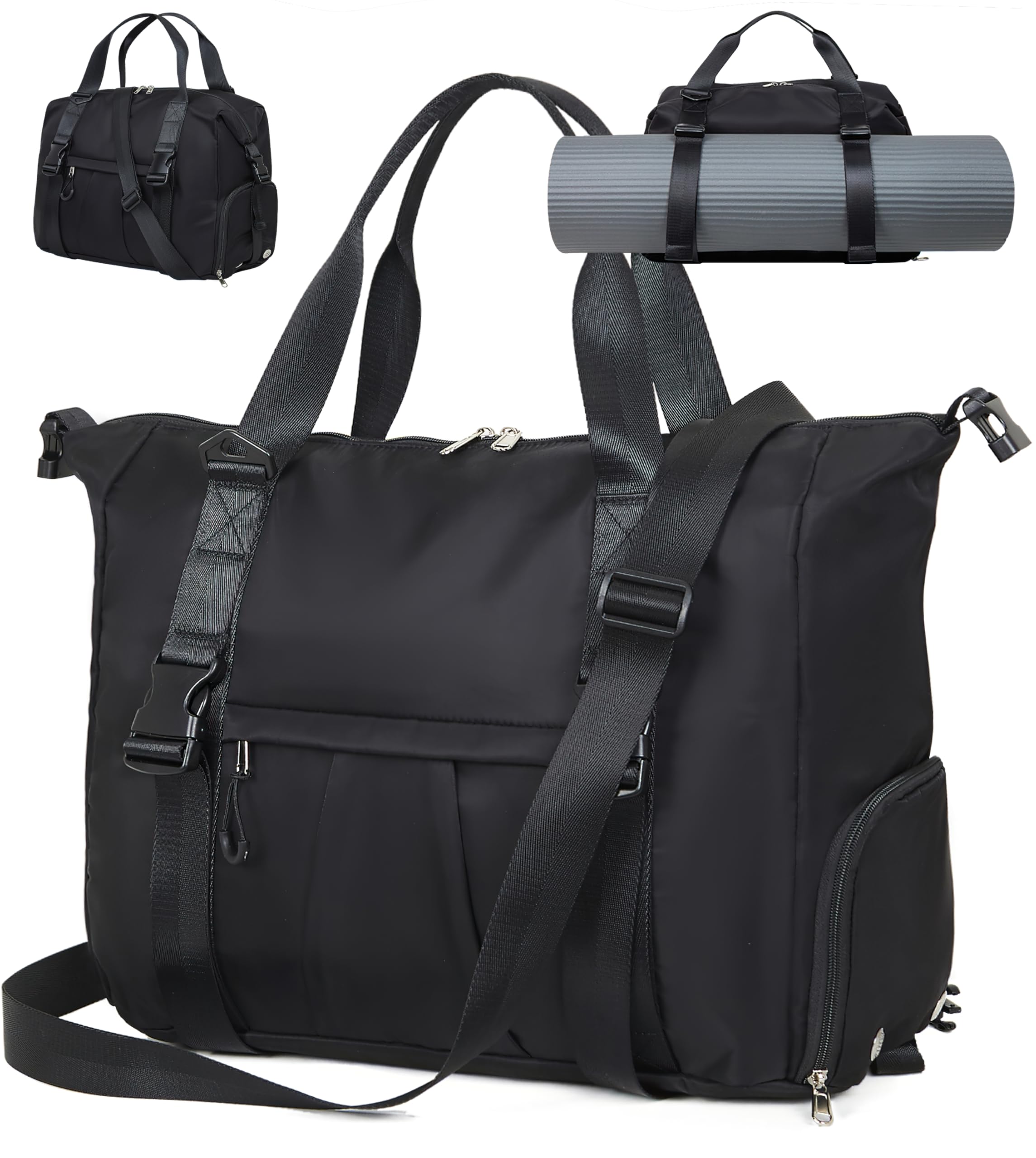 Photo 1 of ERTUNA Gym Bag with Yoga Mat Holders, Carry On for Pilates Women & Men with Laptop & Shoe Compartment Large Duffle Travel Weekender Tote with Key Ring Clip Personal Item Workout, Easy to Clean - Black