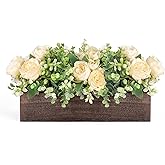 Dahey Centerpiece Table Decorations for Dining Room Farmhouse Table Centerpieces Decor Wood Tray with 3 Artificial Flowers and 2 Eucalyptus for Living Room Kitchen Table, 14.1" x 4.7" x 3.1"