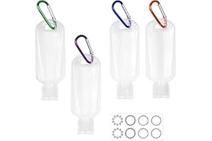 Kare & Kind Clear Portable Travel Bottles - 4x Empty Bottles with Flip Top Caps, 4x Carabiner, 1x Sticker Label Sheets - up t