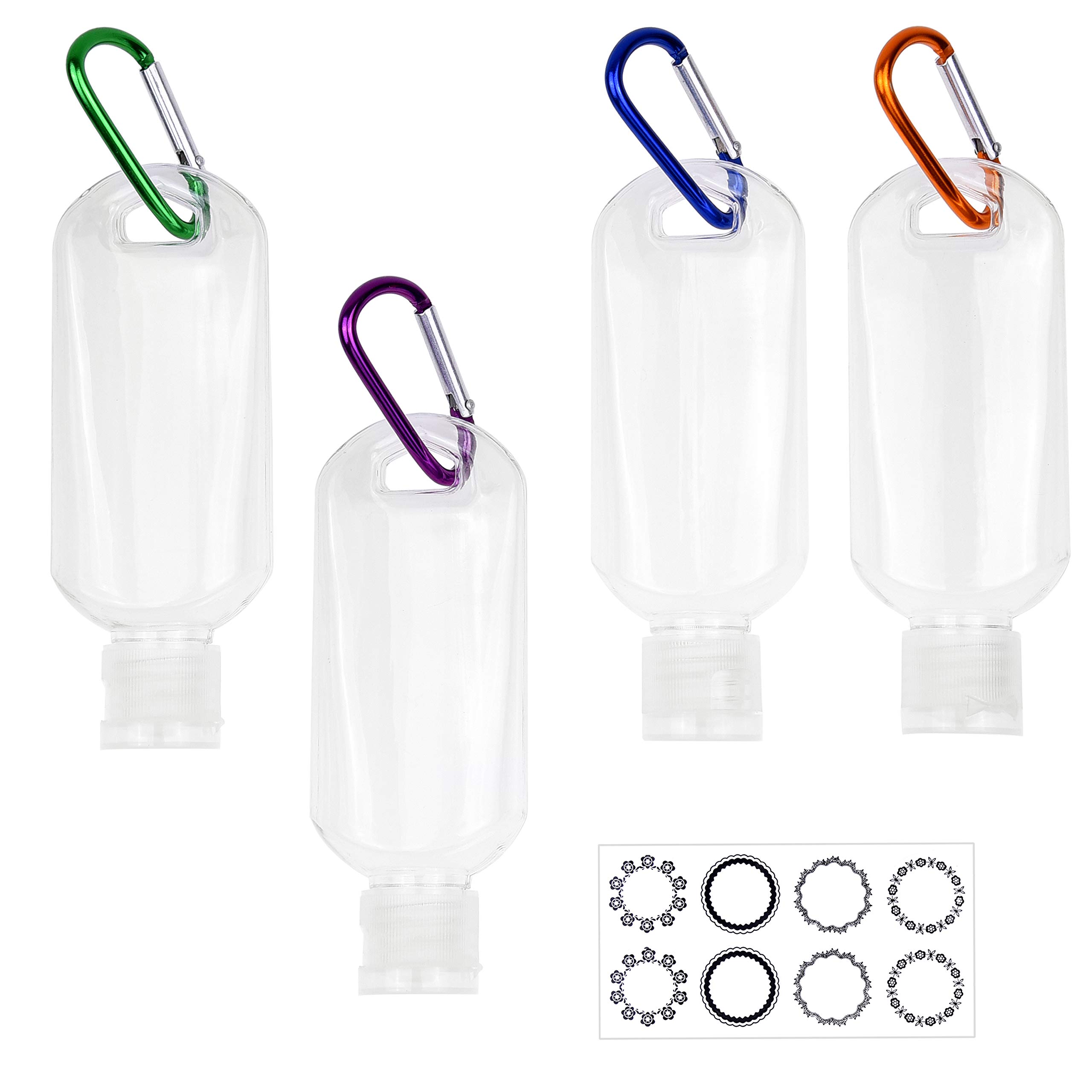 Kare & Kind Clear Portable Travel Bottles - 4x Empty Bottles with Flip Top Caps, 4x Carabiner, 1x Sticker Label Sheets - up to 50 ML -For Hand Sanitizers, Disinfectant Alcohol, Liquids, Toiletries