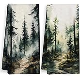 XNXLDYLH Dark Green Forest Camping Kitchen Towels and Dishcloths Sets of 2, Black Forest Mountain Bathroom Room Decor, Rustic Cabin Decor Dish Hand Tea Towels for Bathroom Kitchen, 16x24 Inch
