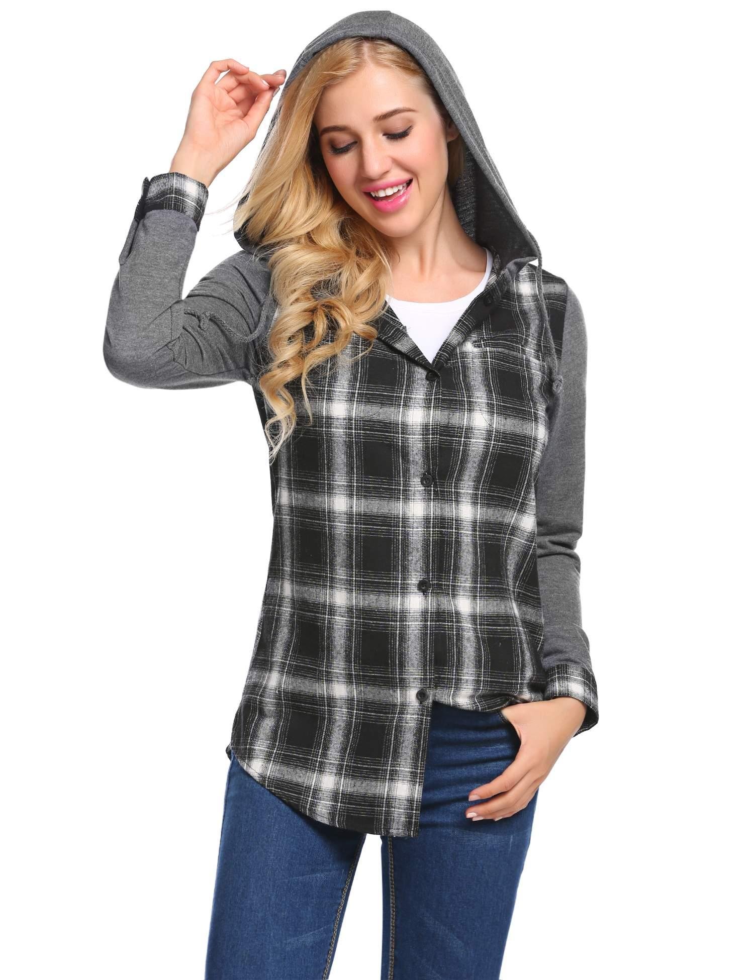 Billti Womens Casual Long Sleeve Plaid Button Hooded Shirt
