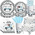 Suhelkit Fast One Birthday Decorations For Boys Tableware - Blue Race Car 1st Birthday Party Supplies Table Decorations, Plate, Cup, Napkin, Tablecloth, Cutlery, Serves 24