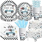 Suhelkit Fast One Birthday Decorations For Boys Tableware - Blue Race Car 1st Birthday Party Supplies Table Decorations, Plate, Cup, Napkin, Tablecloth, Cutlery, Serves 24
