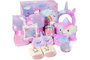 DOZZIOR Unicorn Gifts for Girls Age 6-8,Birthday Gift Ideas for 6 7 8 9 10 Years Old Toddler/Teen Girl,Kindergarten Graduation Unicorn Gift Basket with Glow in The Dark Blanket Cup
