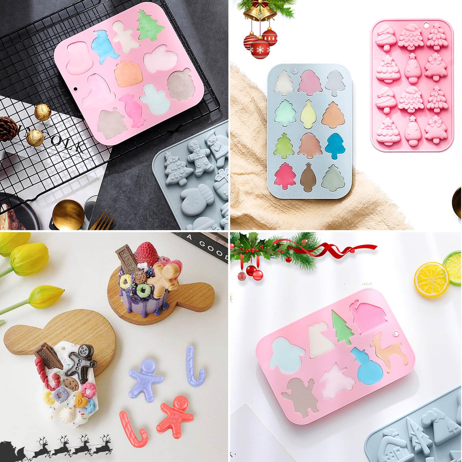 3 Pack Christmas Silicone Baking Mold, Christmas Tree Holiday Silicone Molds Soap Candy Molds for Chocolate Jello Snowman Gingerbread Snowflakes Socks Bells Santa Baking Mold (Xmas-Pink)