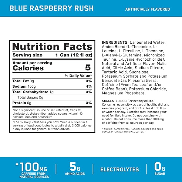 OPTIMUM NUTRITION AMINO ENERGY SPARKLING HYDRATION DRINK, ELECTROLYTES, CAFFEINE, AMINO ACIDS, BCAAS, SUGAR FREE, NEW BLUE RASPBERRY RUSH, 12 FL OZ, 12 PACK (PACKAGING MAY VARY)