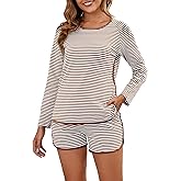 Namatime Cotton Pajama Sets for Women Soft 2 Piece Stripe Lounge Set Long Sleeve Shorts Pjs Loungewear Sleepwear with Pockets