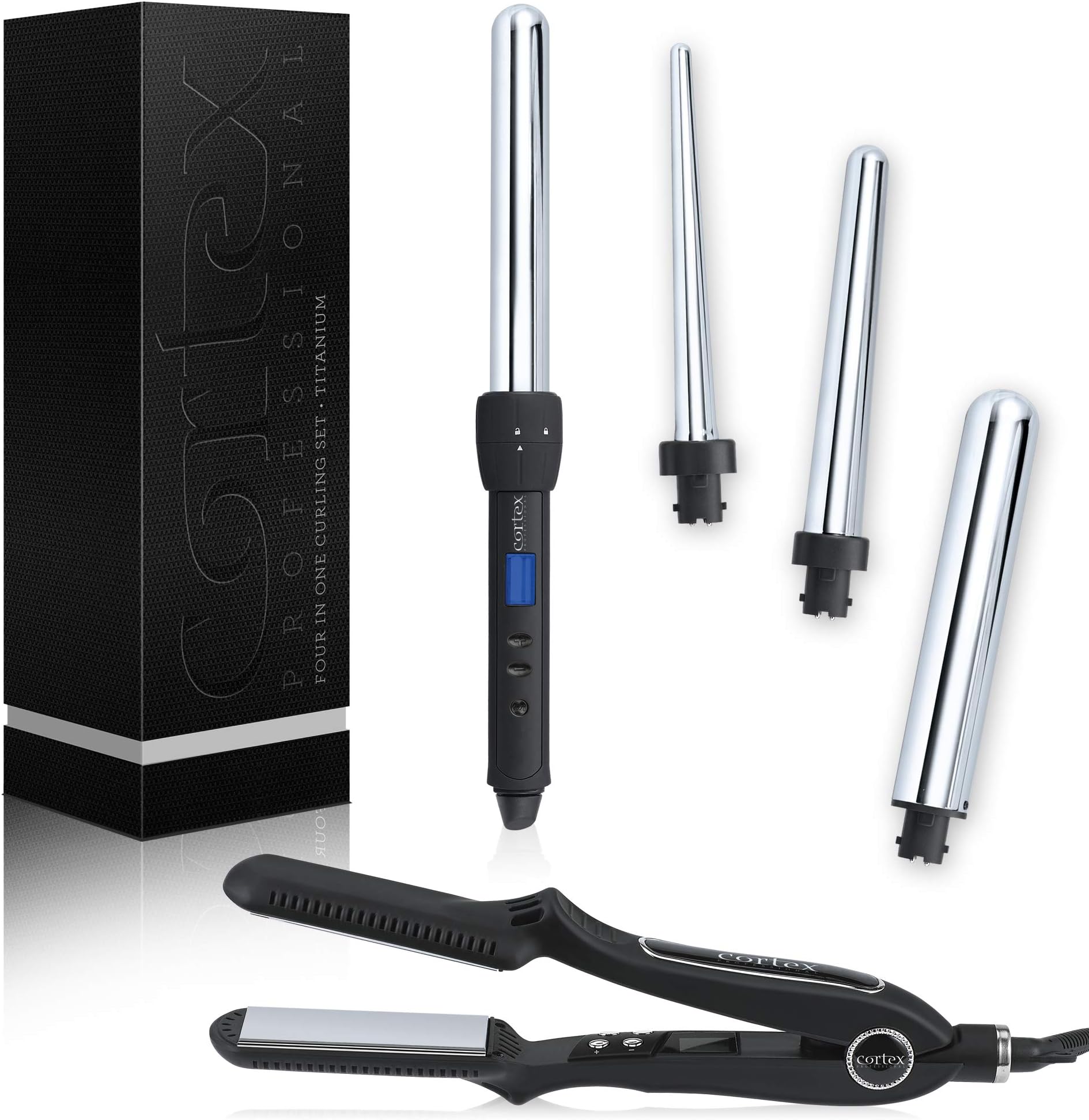 Cortex Professional 4 in 1 Titanium Curling Iron Set + Cortex Professional Encore 1.5-Inch Flat Iron Salon Bundle