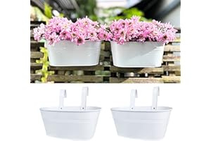 LaLaGreen Outdoor Rail Planter (11.8 Inch, 2 Pack) Metal Iron Hanging Flower Pot Deck Railings White Fence Bucket Modern Coun