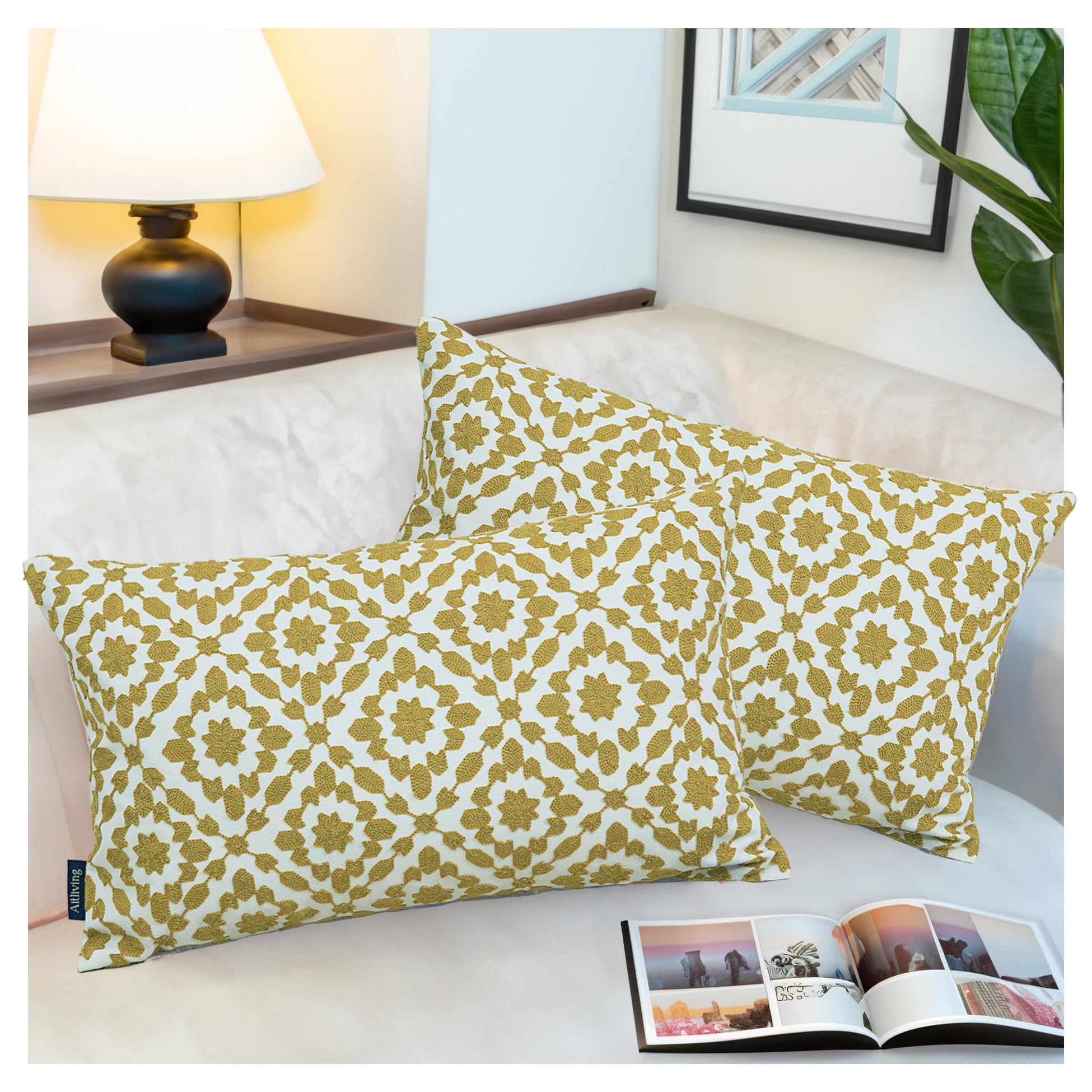 Aitliving 2PCS Pack Golden Palm Lumbar Pillow Cushion Cover Decorative Throw Pillow Case in Oil Yellow 30x50cm Trellis Mina Dark Mustard Yellow Ochre Color Yellow Accent Pillow for Home Decor