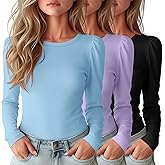 LessonZoo 3 Pack Girls Puff Long Sleeve Shirts Soft Crew Neck Layering Tops Kids Fall Basic T Shirts Solid Casual Tees