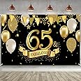 65th Birthday Black Gold Party Decoration, Large Fabric Black Gold Sign Poster for 65th Anniversary Backdrop Banner, 65th Birthday Party Supply Photo Booth Backdrop Background Banner 72.8 x 43.3 Inch