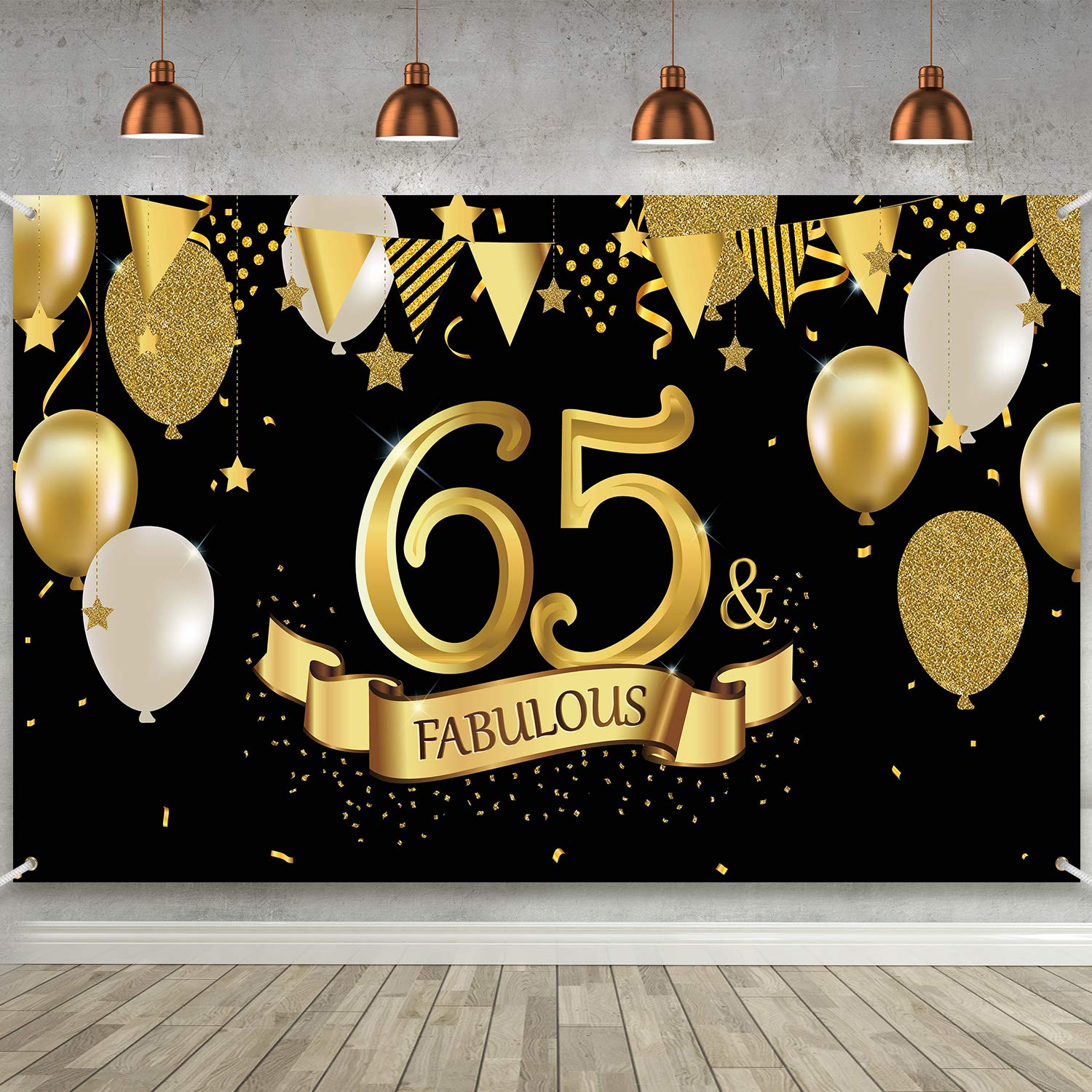 Blulu 65th Birthday Black Gold Party Decoration, Large Fabric Black Gold Sign Poster for 65th Anniversary Backdrop Banner, 72.8 x 43.3 Inch, Includes 20 Feet/ 6 m Rope