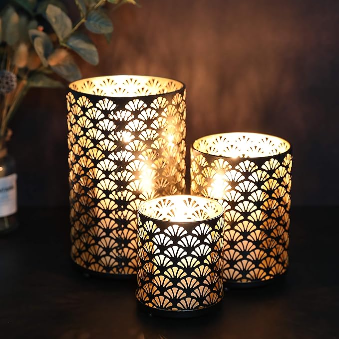 JHY DESIGN Set of 3 Metal Candle Holders Bronze Hurricane Pillar