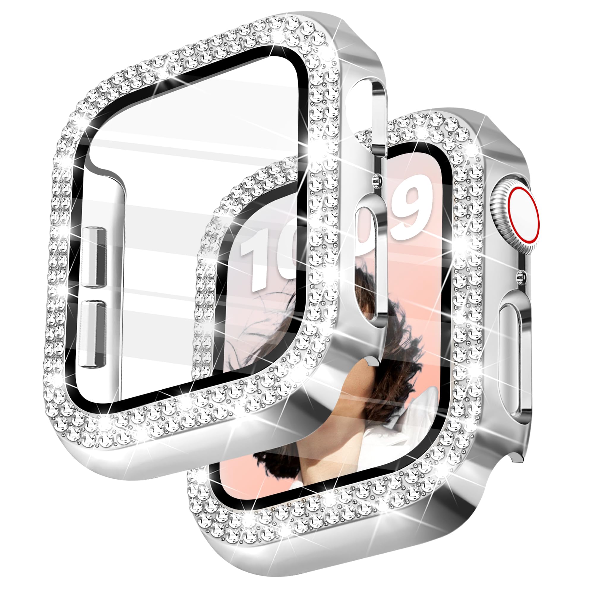 Photo 1 of Newlibery Bling Case with HD Screen Protector Women Compatible with Apple Watch 38mm Diamond Protective Face Cover PC Frame Protector for iWatch Series 1/2/3 Silver