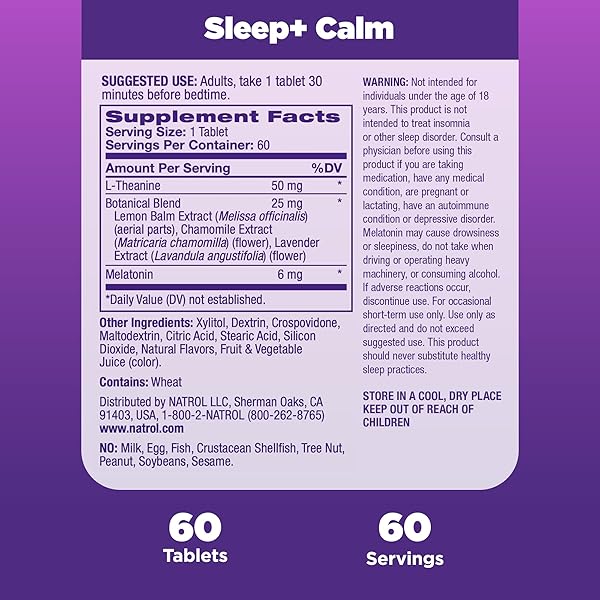 NATROL SLEEP + CALM MELATONIN 6MG WITH L-THEANINE 50MG AND A BOTANICAL BLEND, DIETARY SUPPLEMENT FOR RESTFUL SLEEP AND A CALM MIND AND BODY, 60 RASPBERRY-FLAVORED FAST DISSOLVE TABLETS, 60 DAY SUPPLY