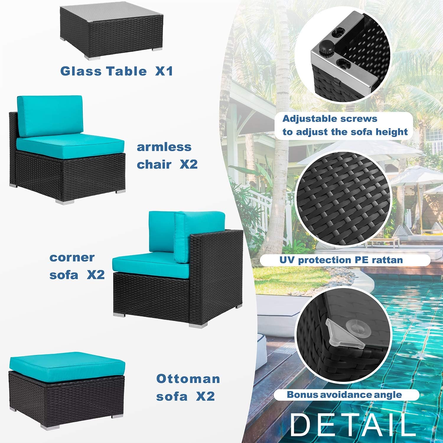 Shintenchi 7 Pieces Outdoor Patio Furniture Sets, All Weather PE Wicker Rattan Patio Conversation Sofa Set Tea Table&Ottoman &Washable Cushions for Backyard Lawn Garden (Blue) : Garden & Outdoor