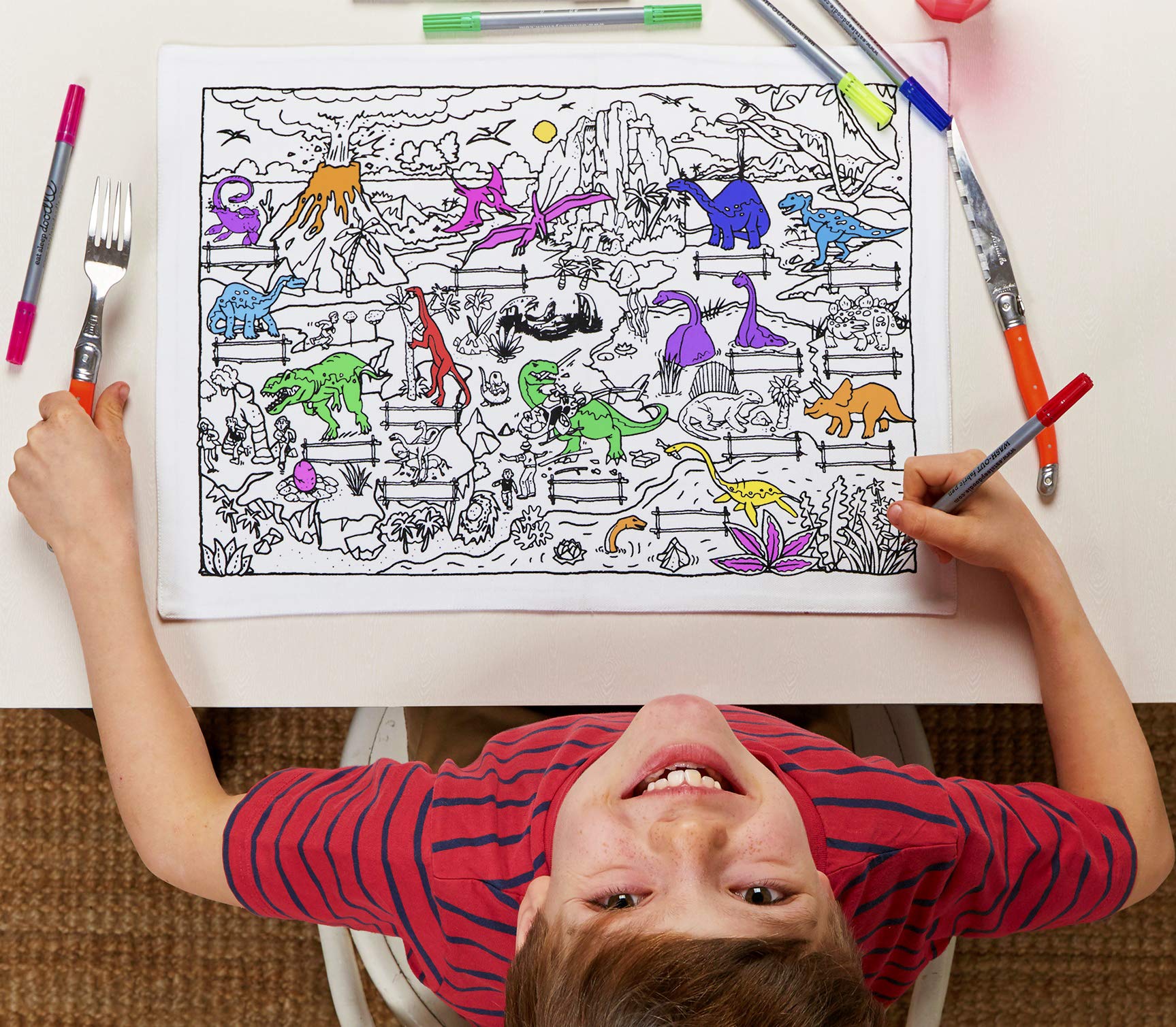 eatsleepdoodle Dinosaur Placemat in Its Own Cotton Carry Bag to Colour In, Fun Educational Dinosaur Adventure Scene to Personalize, Washable Felt Tip Fabric Pens Included — image 1