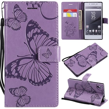 Hozor Sony Xperia Z5 Handyhülle, Retro Großer Schmetterling Muster PU Kunstleder Ledercase Brieftasche Kartenfächer Schutzhül