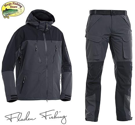 Fladen Fishing Authentic 2.0 Outdoor & Angel Anzug - Grau-Schwarz - Jacke + Hose Atmungsaktiv Wasserdicht - Angelanzug Gr. S 