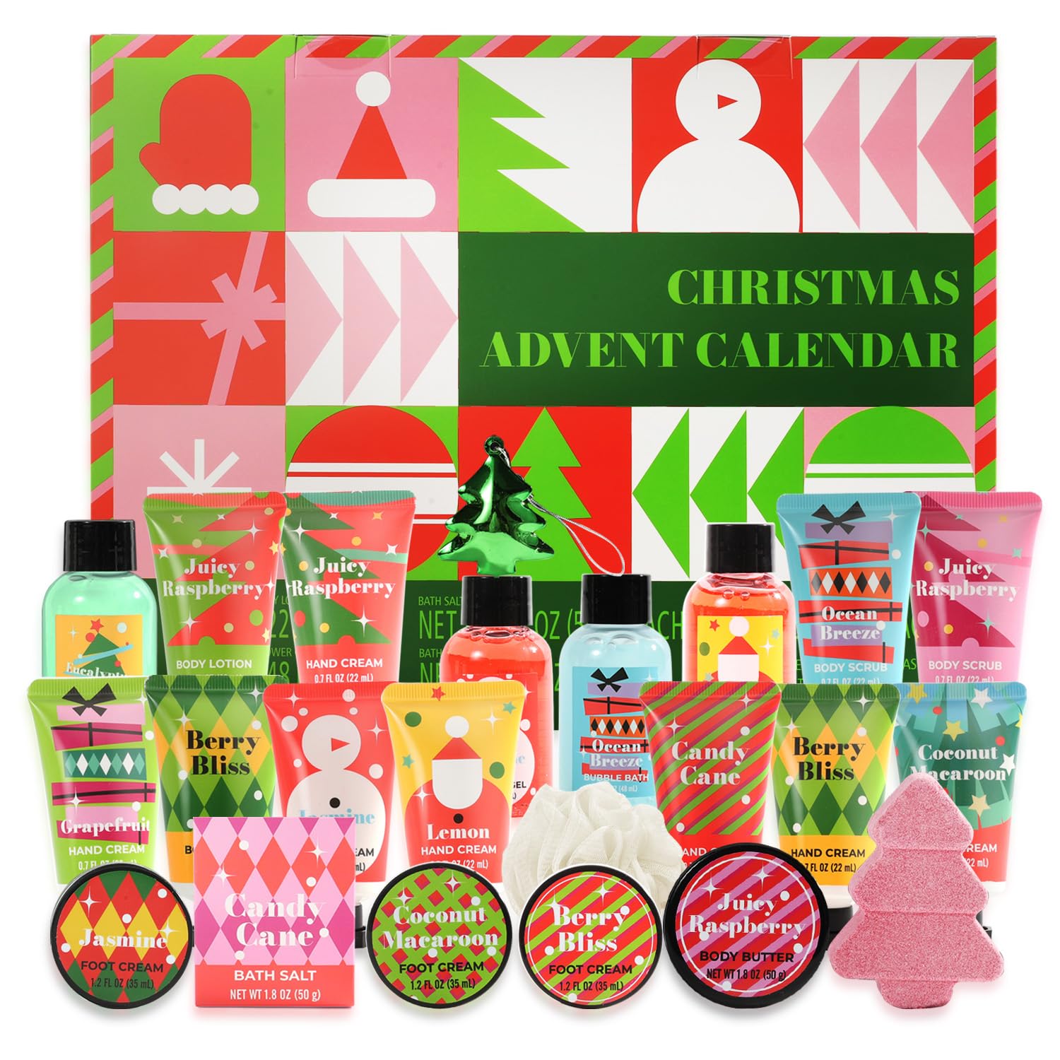 Advent Calendar 2025 Christmas Spa Gifts Set for Women, Hand Cream, Lotions, Bubble Baths, Christmas Tree Bomb Skincare Gift for Mum Ladies（Geometry）