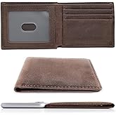 LnxLtw Bifold Travel Wallets for Mens Slim RFID Blocking | Compact Front Pocket Thin Genuine Leather Wallet | Minimalist Credit Card Holder with 4 Card Slots and ID Window Gift Box (Dark Brown)