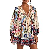 WDIRARA Women's Boho Floral V Neck Dress Lantern Sleeve Tie Back Flowy Short Babydoll Dresses