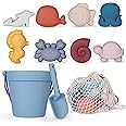 MarcZero 11Pcs Silicone Beach Toys,Modern Baby Beach Toys,Travel Friendly Beach Set,Silicone Bucket, Shovel, 8 Sand Molds, Beach Bag,Silicone Sand Toys for Toddlers, Kids (Blue)