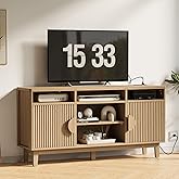 IRONCK TV Stand for 65 Inch TV, 59 Inch Entertainment Center with Storage and Charging Station, Modern Media Console with 3 Adjustable Shelf, Fluted Doors Design, Natural Oak