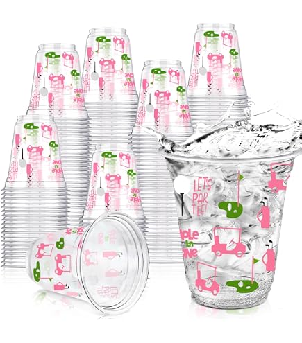 100 Stück Golf-Einwegbecher – Transparent Mit Rosa Design, 340 Ml | Für Golf-Partys, Geburtstage, Junggesellenabschiede