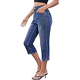 luvamia Capri Jeans for Women Trendy High Waisted Side Slit Casual Relaxed Fit Stretchy Denim Summer Jean Capris Pants