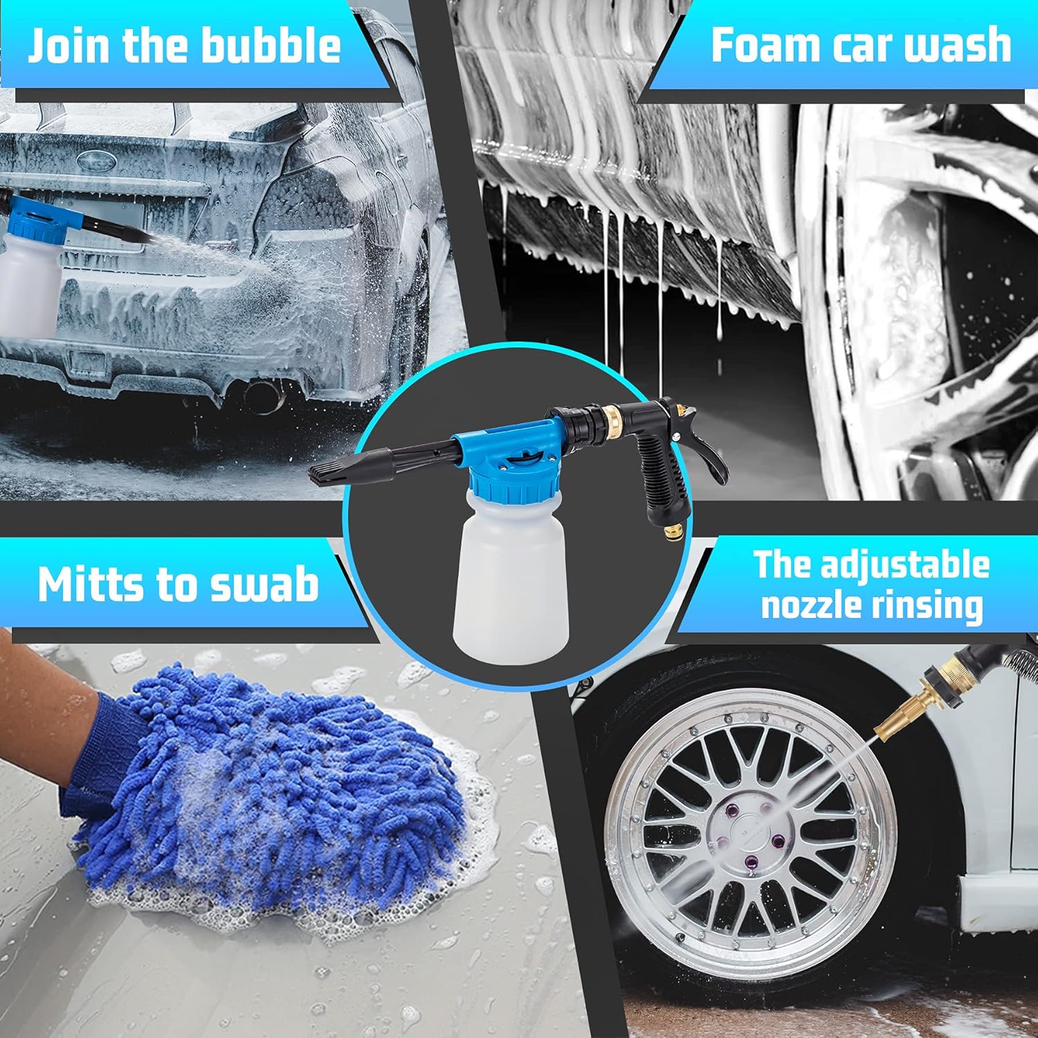 INGOFIN Car Wash Foam Cannon Gun for Garden Hose - Car Wash Foam Soap Sprayer Snow Foam Blaster with Metal Handle,Adjustable Nozzle,6 Level Ratio Dial,Washing Mitts,Quick Connector to Any Garden Hose: Automotive