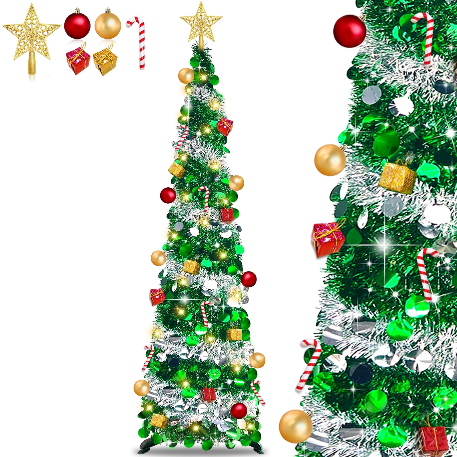 Photo 1 of [Timer] 5 Ft Pop Up Christmas Tree with Lights,Green & Silver Tinsel Pencil Tree with 50 LED Light 30 DIY Ball Ornaments Gift Boxes Canes Battery Operated for Xmas Party Holiday Home Indoor Decor