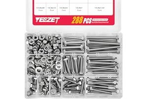 YEEZET 288PCS 1/4-20 Hex Bolts and Nuts Washers Assortment Kit, 304 Stainless Steel 18-8, Includes 9 Most Common Sizes, Fully Machine Thread