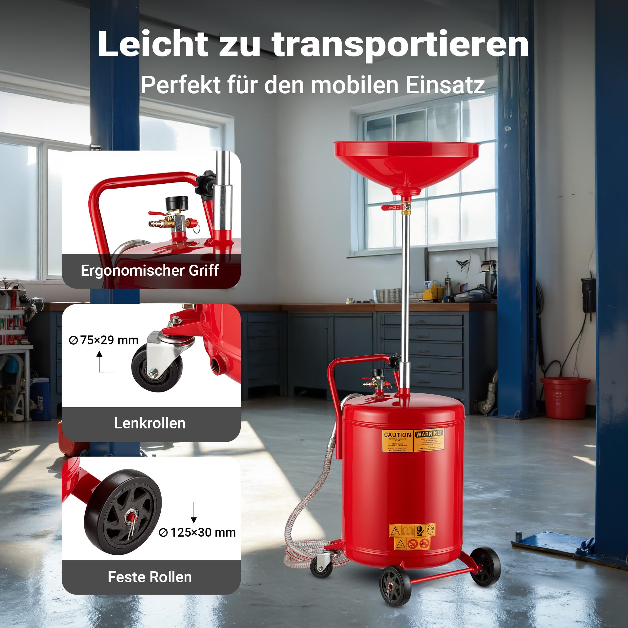 Wiltec Ölauffanggerät für 68l, höhenverstellbar 98-157cm mit 4-Rad-Fahrwerk, Entleerung mittels Luftdruck 4
