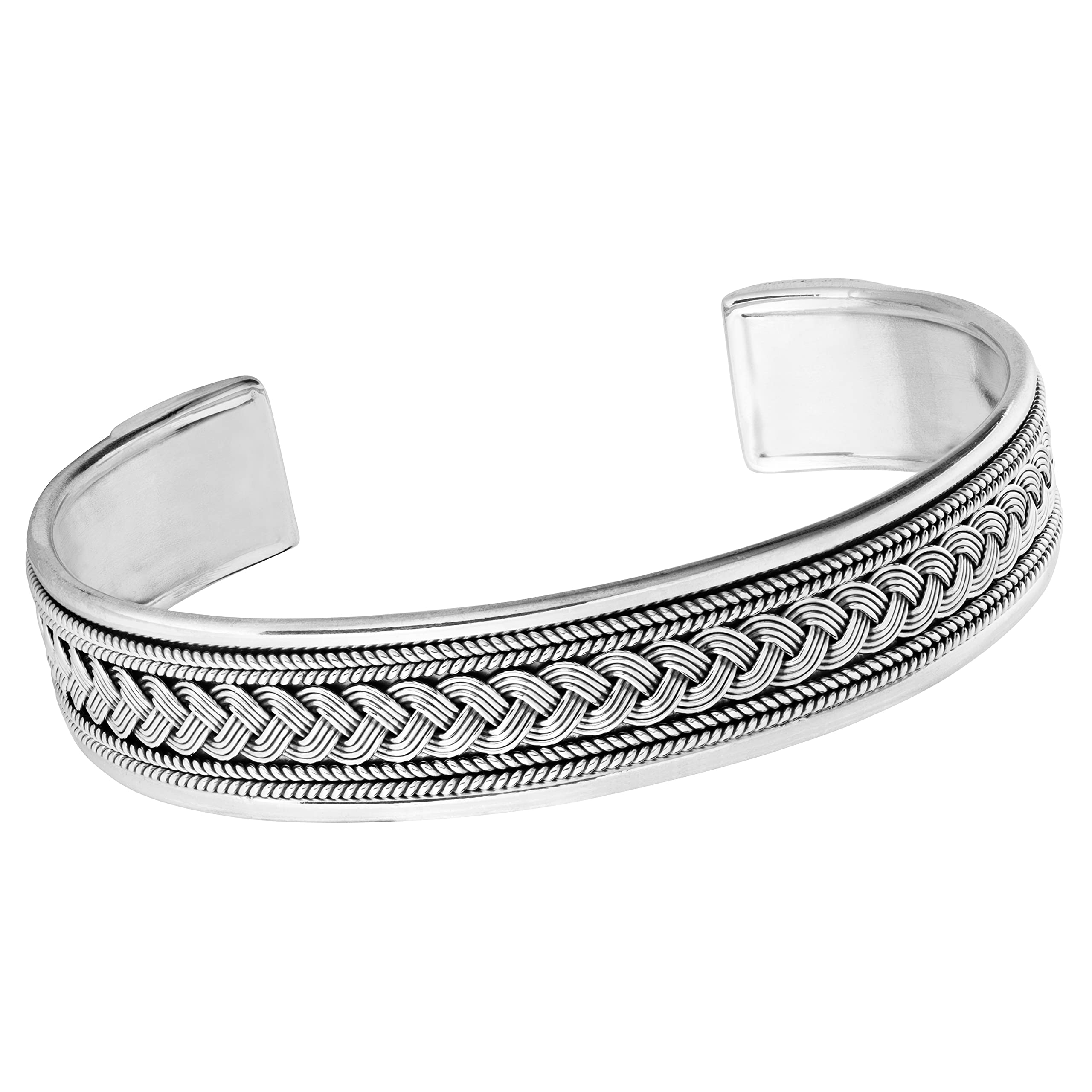 Treasure Bay Classic Silver Bangle For Men | Handmade 925 Sterling Silver Braided Bangle for Women, Men Adjustable size
