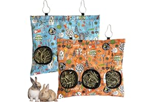 RMNHPTK Rabbit Hay Feeder Bag, Guinea Pig Hay Feeder for Cage Small Animal Hanging Feeding Bags Rabbit Hay Dispenser Storage for Rabbits Guinea Pigs Bunnies Chinchillas (Orange,Light Blue, 3 Hole)