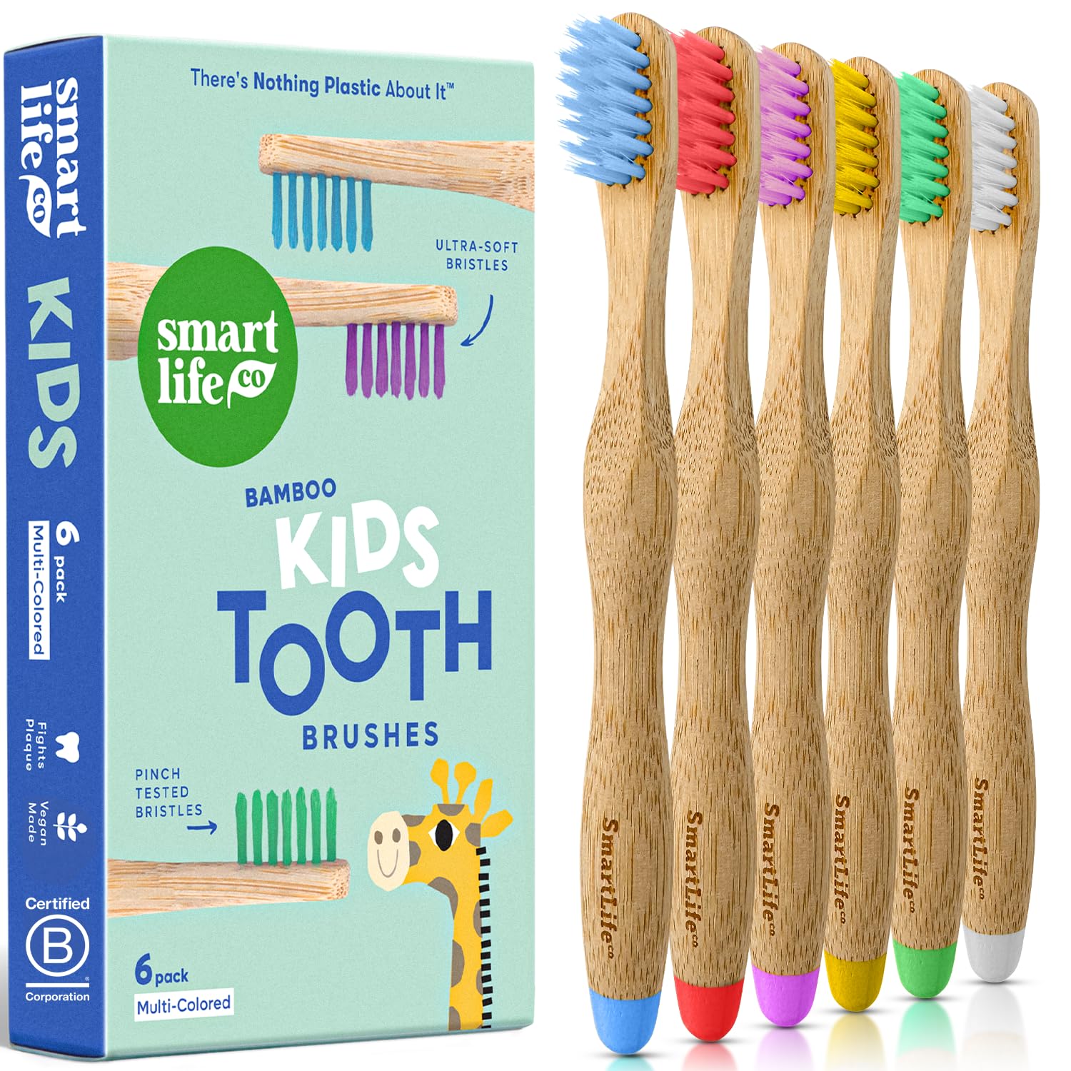 Photo 1 of SmartLifeco Kids Bamboo Toothbrushes (6 Pack) - Extra Soft Bristles for Toddlers Teeth | Zero Waste Tooth Brushes for Children | Natural Wooden Child Size Handle | BPA Free, Eco-Friendly