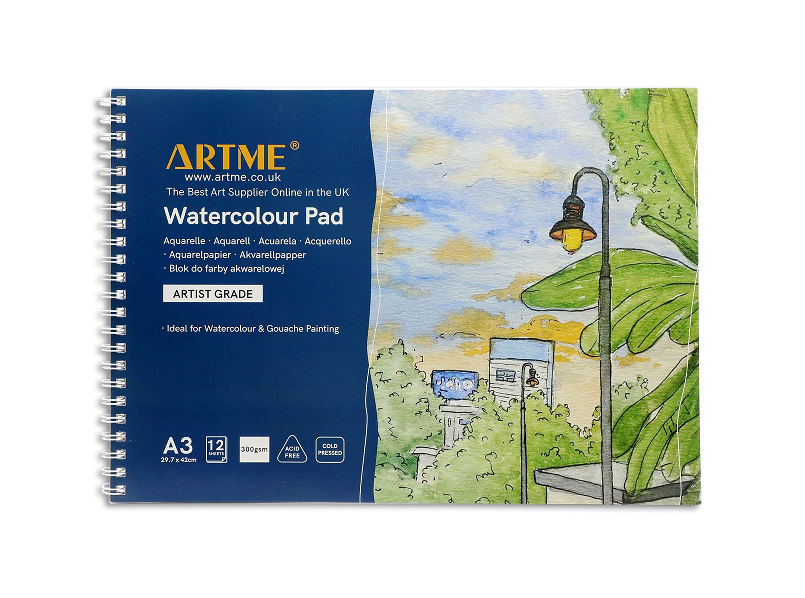 Artme A3 Watercolour Pad x 12 Sheets/ 300gsm/ Firmly Textured/Cold Pressed/Cellulose Acid Free/Premium Quality Drawing Pad Sketchbook Aquarelle & Gouache Painting(1 Pack)