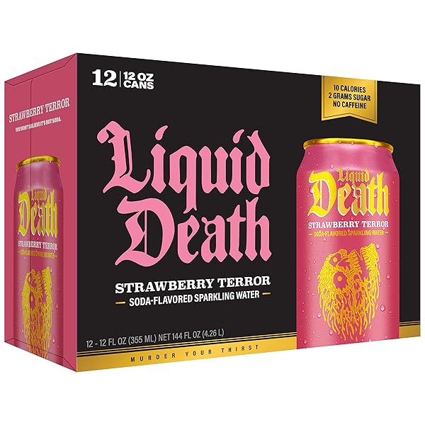 LIQUID DEATH SODA-FLAVORED SPARKLING WATER – STRAWBERRY TERROR, LESS SUGAR*, HUGE FLAVOR, NO CAFFEINE, NO ARTIFICIAL SWEETENERS, 12 FL OZ (PACK OF 12)