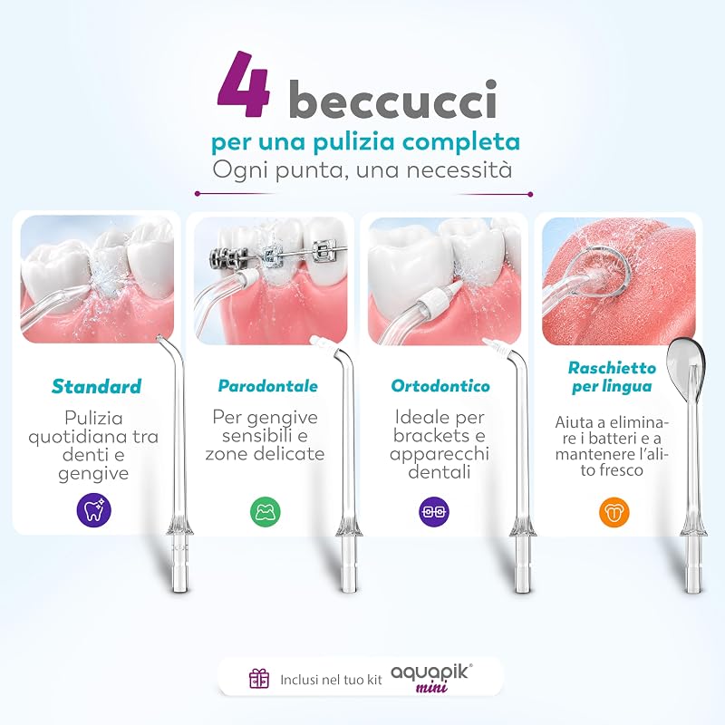 Aquapik® Mini Idropulsore Dentale Portatile 200ml USB-C 3 Modalità IPX8 Jet