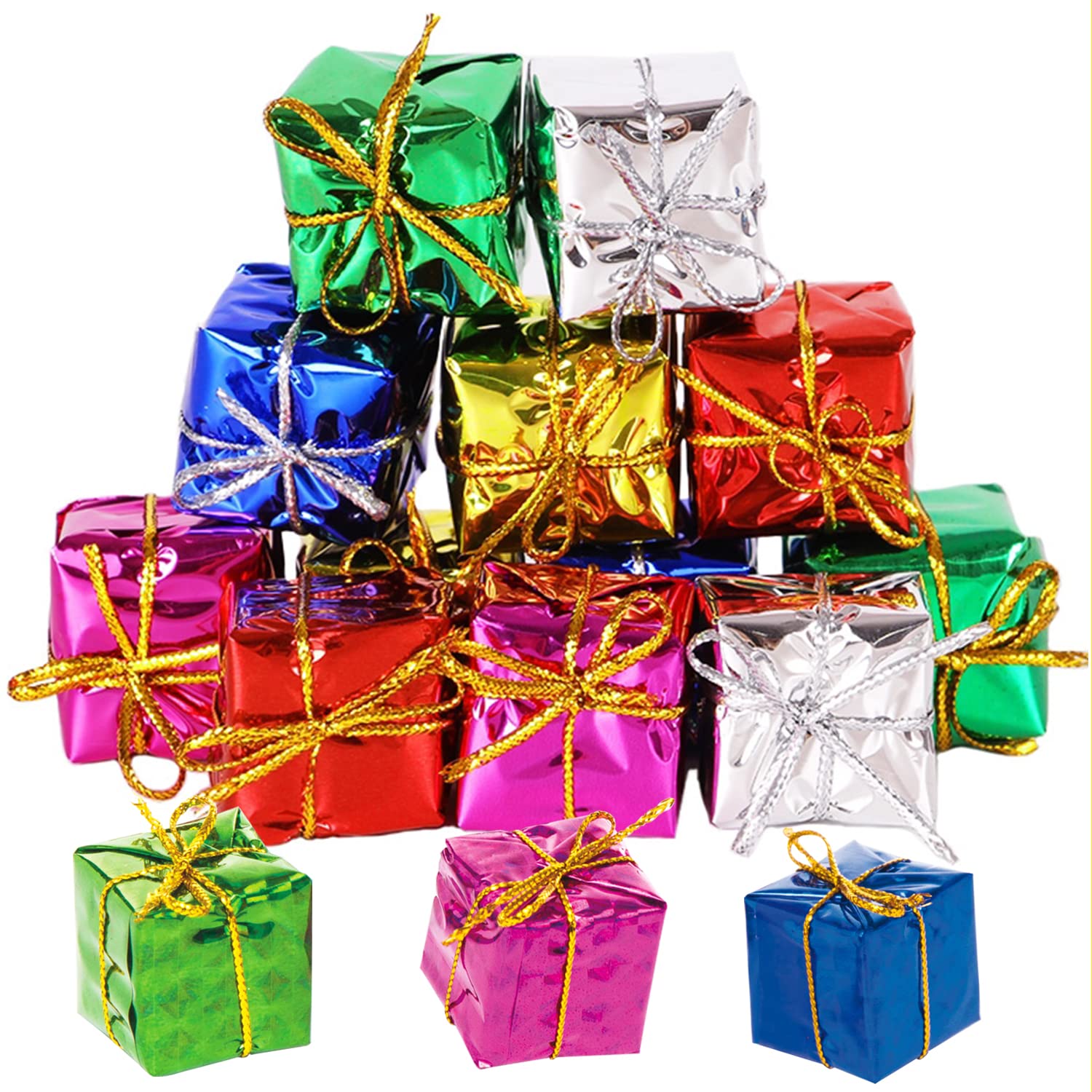 CYIOU 48pcs Mini Present Ornament Christmas Tree Gift Box Hangings Christmas Decoration Presents Suitable for Christmas decoration (Color)