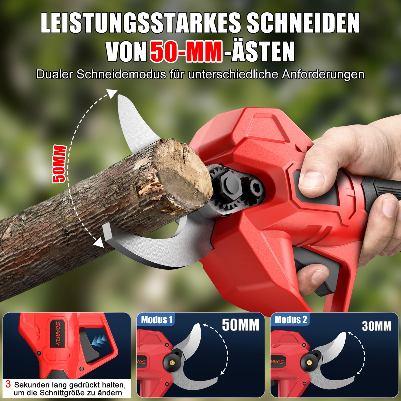 SOARFLY Akku Astschere 50mm, Elektrische Gartenschere mit 2 Akkus, Leistungsstarke Astschere Akku für Obstbäume Garten und Sträucher, Kabellose Gartenschere mit SK7 Klinge und Sicherheitsfunktion, Rot 2