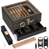 Tesonway Cigar Humidor,Cedar Wood Humidor Cigar Box,Glass Top Desktop Humidor with Digital Thermo-Hygrometer, Humidifier, Divider, Accessories Drawer and Combination Lock,Cigar Gift for Men
