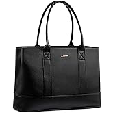 LOVEVOOK Laptop Tote Bag for Women, Pebbled Vegan Leather 15.6" Large Capacity Laptop Bag for Women, Waterproof Plus Room for Laptop & 4x Tumblers, for Office & Gift, Black