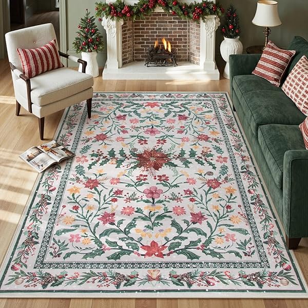 LAHOME 5X7 CHRISTMAS RUG FOR LIVING ROOM, BOHO SOFT RUGS FOR BEDROOM DECOR AESTHETIC, WASHABLE HOLLY BERRIES AREA RUG FOR DINING ROOM FIREPLACE APARTMENT RUSTIC DECOR