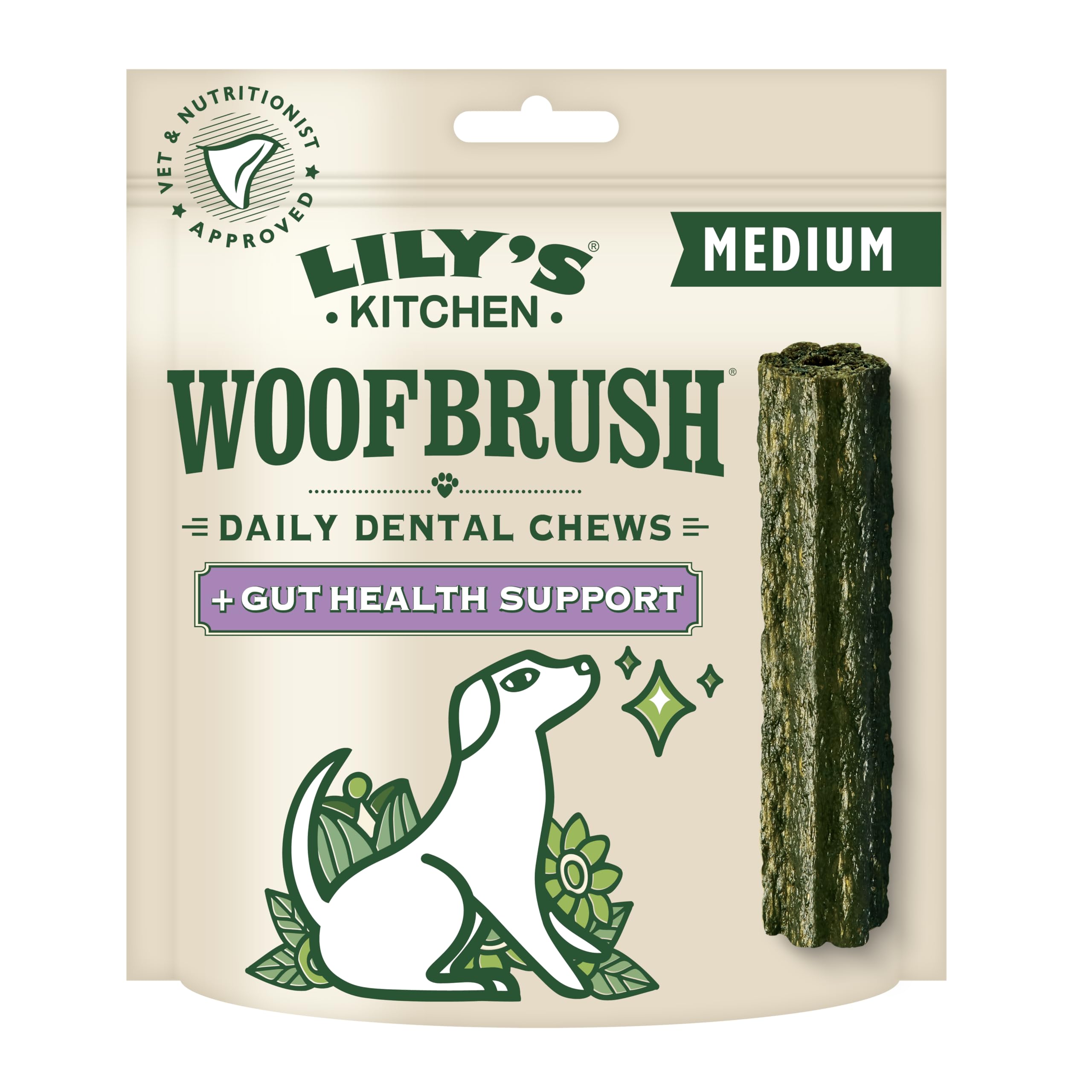 Lily's Kitchen Woofbrush Gut Health Dental Chew - Natural Dental Sticks for Medium Dogs (5 Packs of 7 Chews)