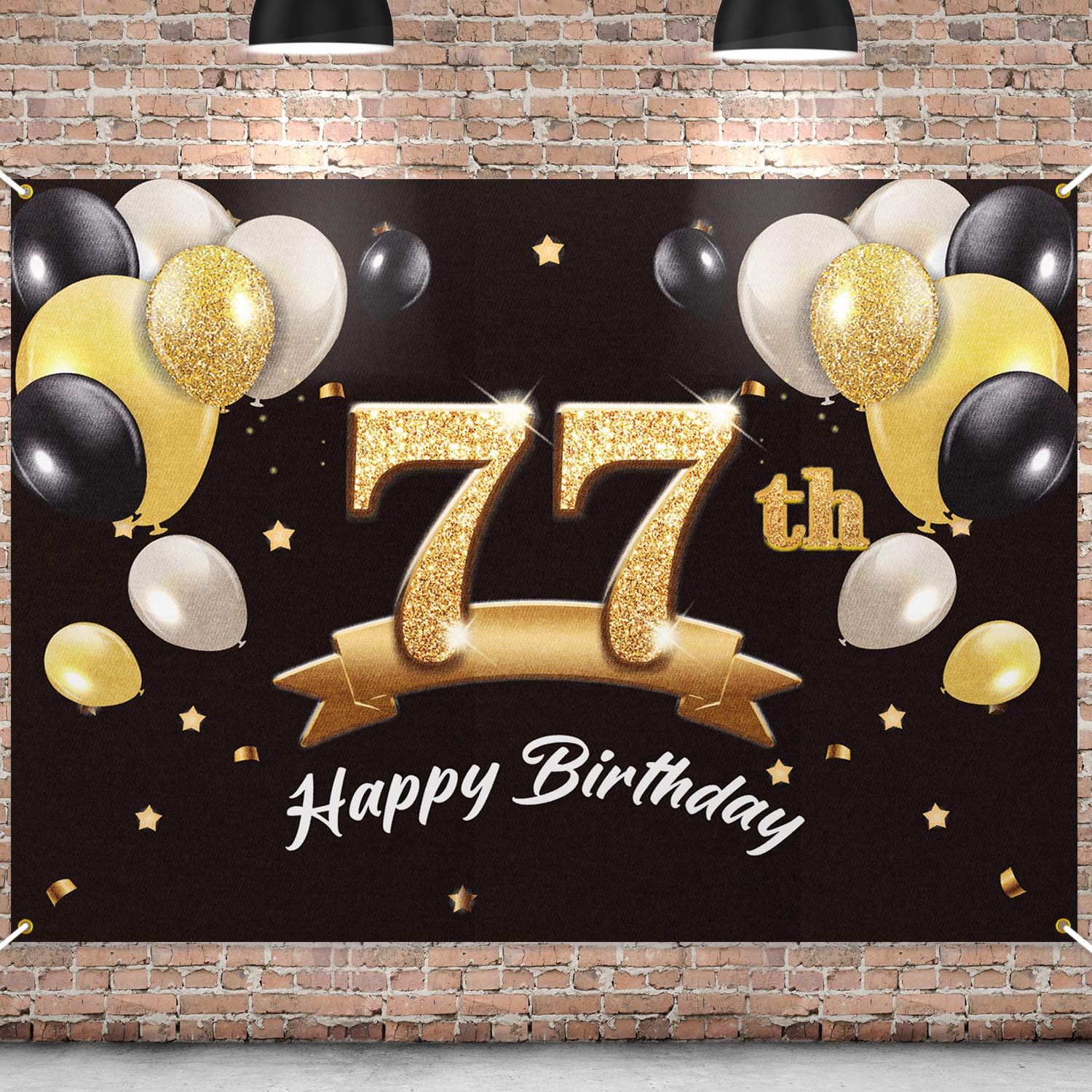 PAKBOOM Happy 77th Birthday Banner Backdrop - 77 Birthday Party Decorations Supplies for Men - Black Gold 4 x 6ft